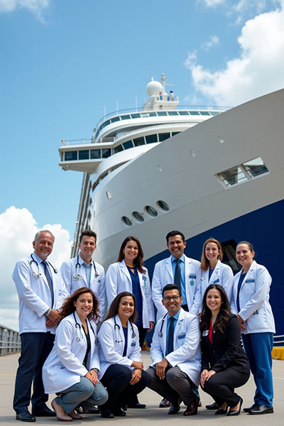 Maritime Physicians and Nurses with a cruise ship in the background.