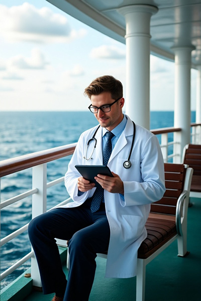 A Physician reviewing test results on a tablet.