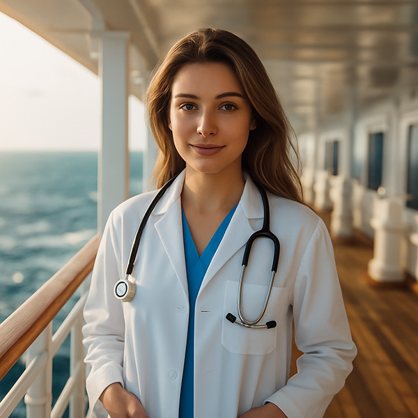 Female Physician on the outside deck of a cruises ship.