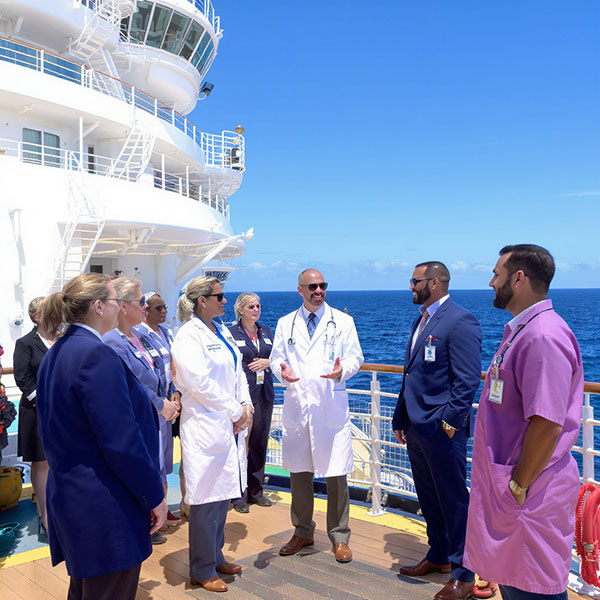 Maritime Physicians and Nurses meeting on the desk of a cruise ship.