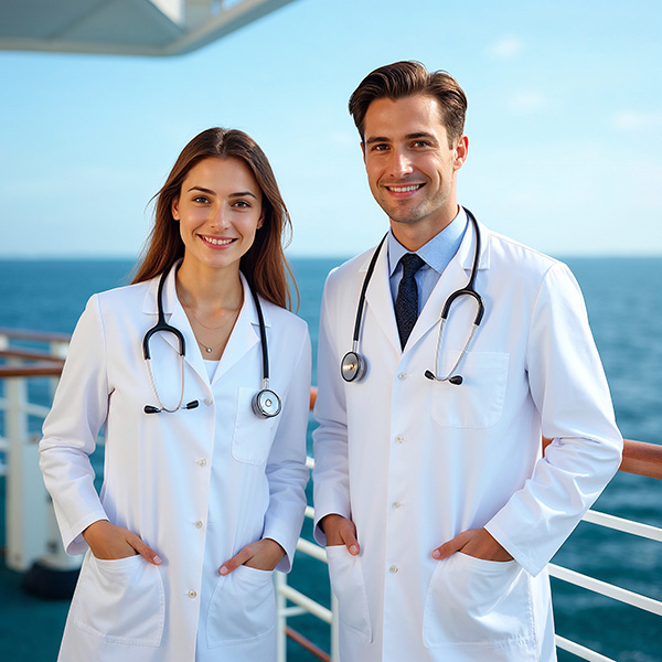 Two Maritime Physicians pictured on the outside deck of the cruise ship.