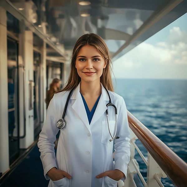 Female Physician on the outside deck of a cruises ship.