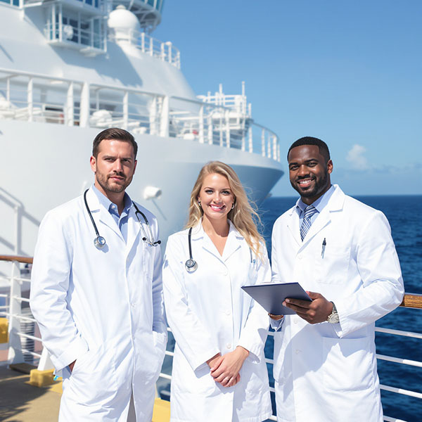 Three Maritime Physicians on the deck of a cruise ship.