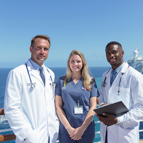Two Physicians and Nurses on the deck of a cruises ship. 