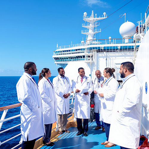 Maritime Physicians and Nurses pic6 A group of Physicians and Nurses having a discussion on the deck of a cruise ship.