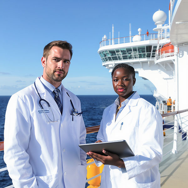 Two Physicians on the deck of a cruise ship using a tablet.